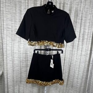 SIMKHAI Black Sequin Petal Trim Crop Top and Mini Skirt Set 124-3018-EC Size 4